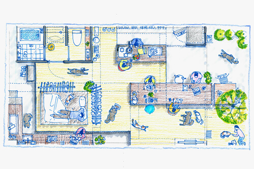 ネコの奔放さで間仕切り、イヌの寄り添いが床を決める家